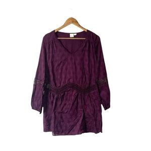 Roxy Long Sleeve Boho V-Neck Mini Dress Lace Deep Plum Purple Party Size Small